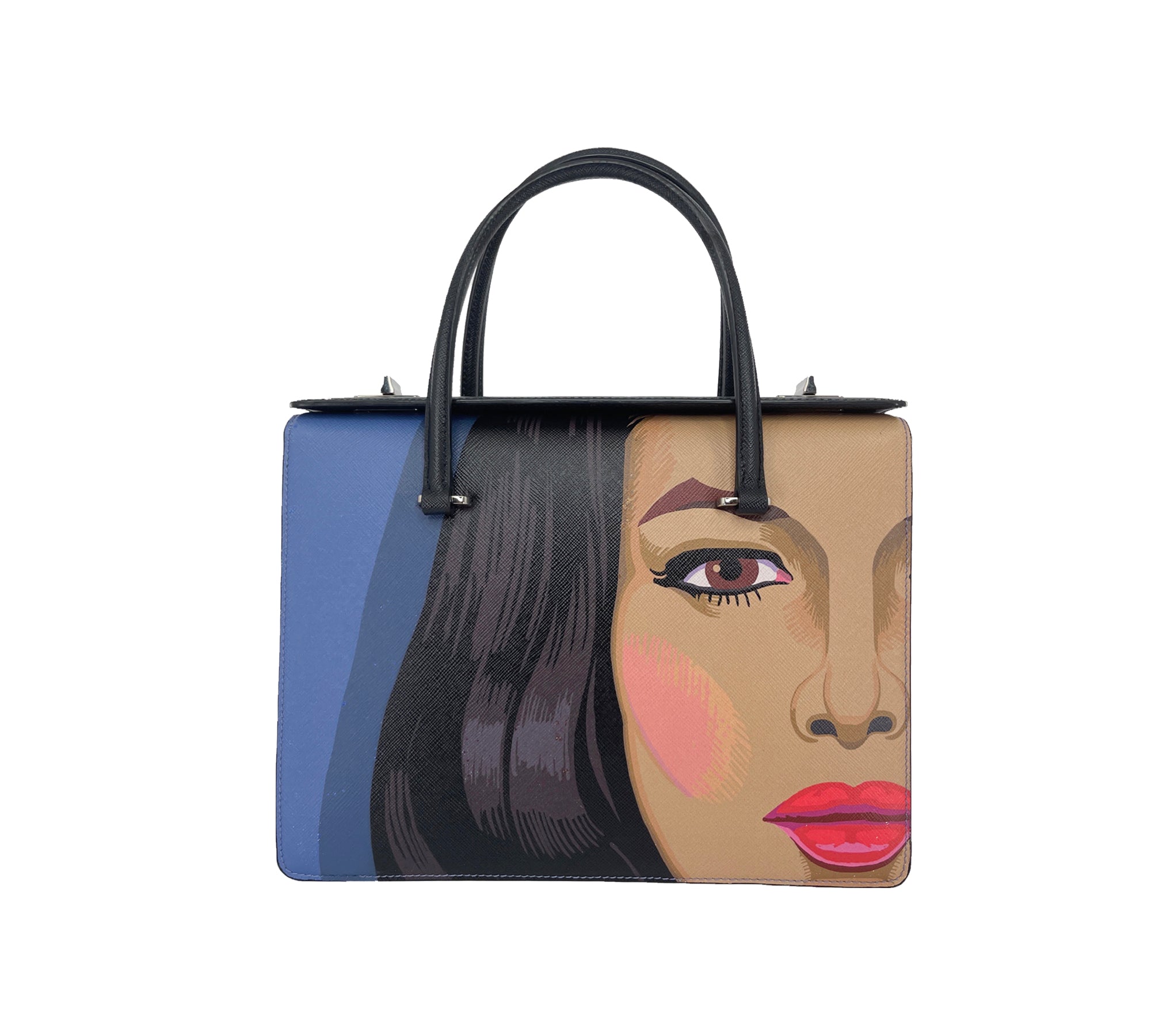 From the Spring/Summer 2014 Collection. Black leather Prada Saffiano Girl Print bag with dual rolled handles at top, silver-tone hardware, girl motif at front face, dual interior compartments, three pockets at interior walls; one with zip closure, one with flap closure and dual turn-lock closures at top. Made in Italy.