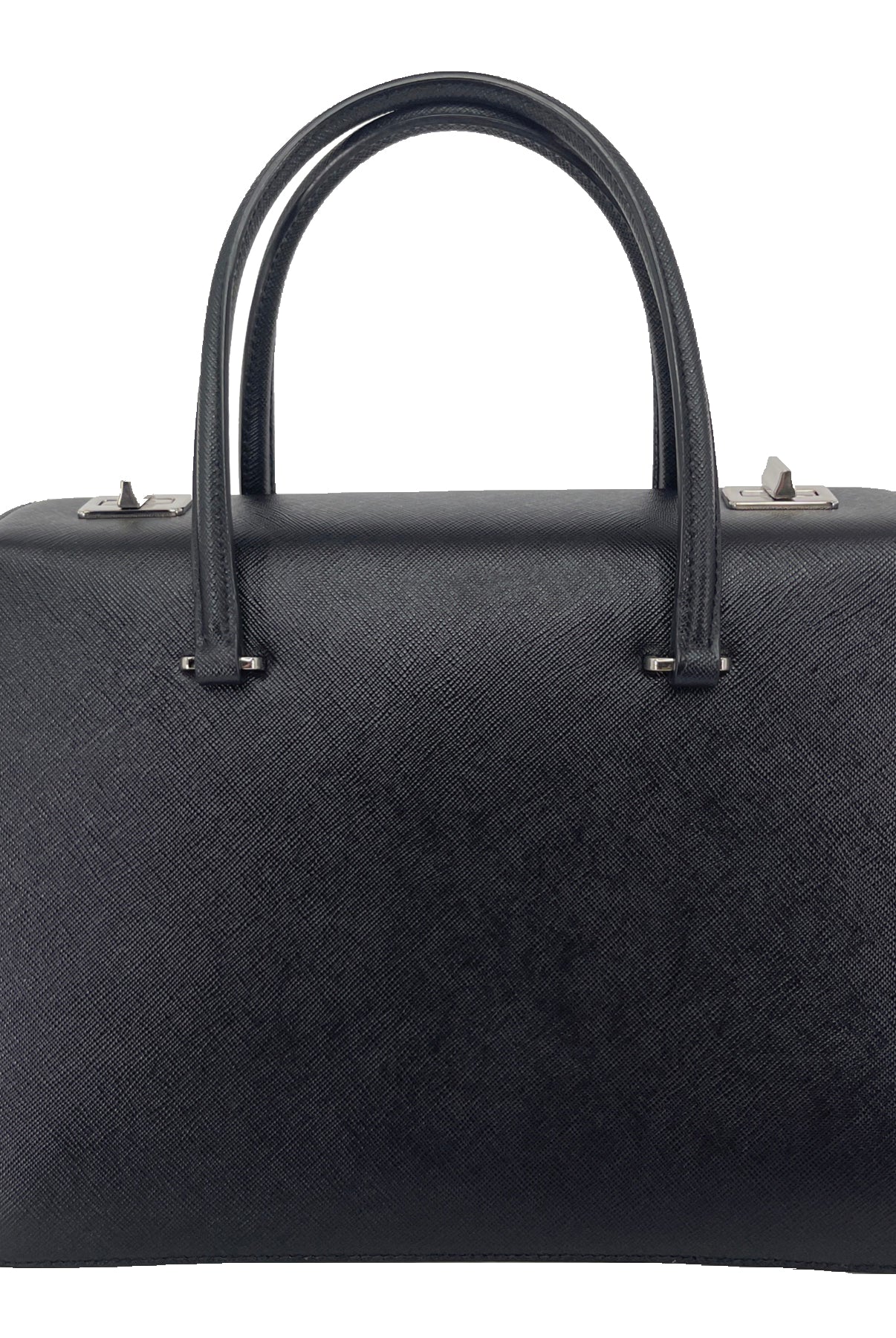 From the Spring/Summer 2014 Collection. Black leather Prada Saffiano Girl Print bag with dual rolled handles at top, silver-tone hardware, girl motif at front face, dual interior compartments, three pockets at interior walls; one with zip closure, one with flap closure and dual turn-lock closures at top. Made in Italy.
