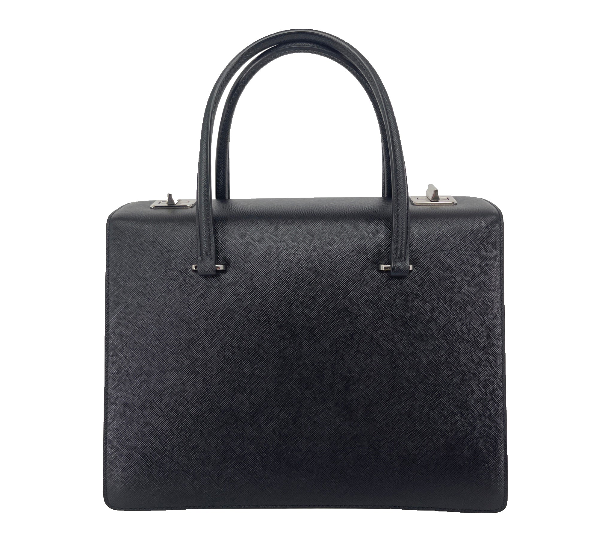 From the Spring/Summer 2014 Collection. Black leather Prada Saffiano Girl Print bag with dual rolled handles at top, silver-tone hardware, girl motif at front face, dual interior compartments, three pockets at interior walls; one with zip closure, one with flap closure and dual turn-lock closures at top. Made in Italy.