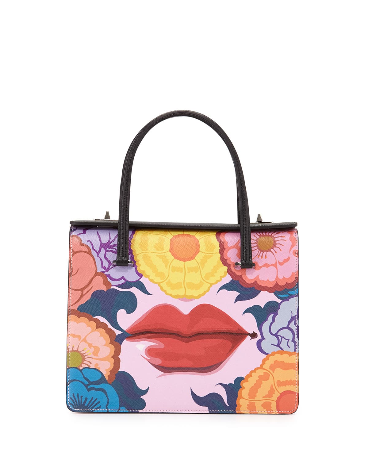 PRADA Saffiano RUNWAY Print Lips Satchel HandBag, Multi (Rosso Dis Lips) PRISTINE!