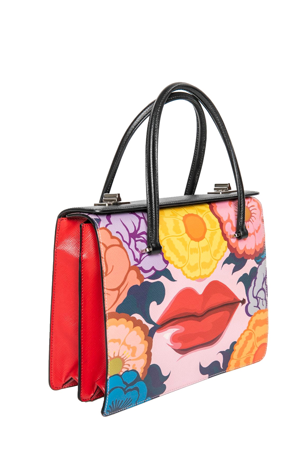 PRADA Saffiano RUNWAY Print Lips Satchel HandBag, Multi (Rosso Dis Lips) PRISTINE!