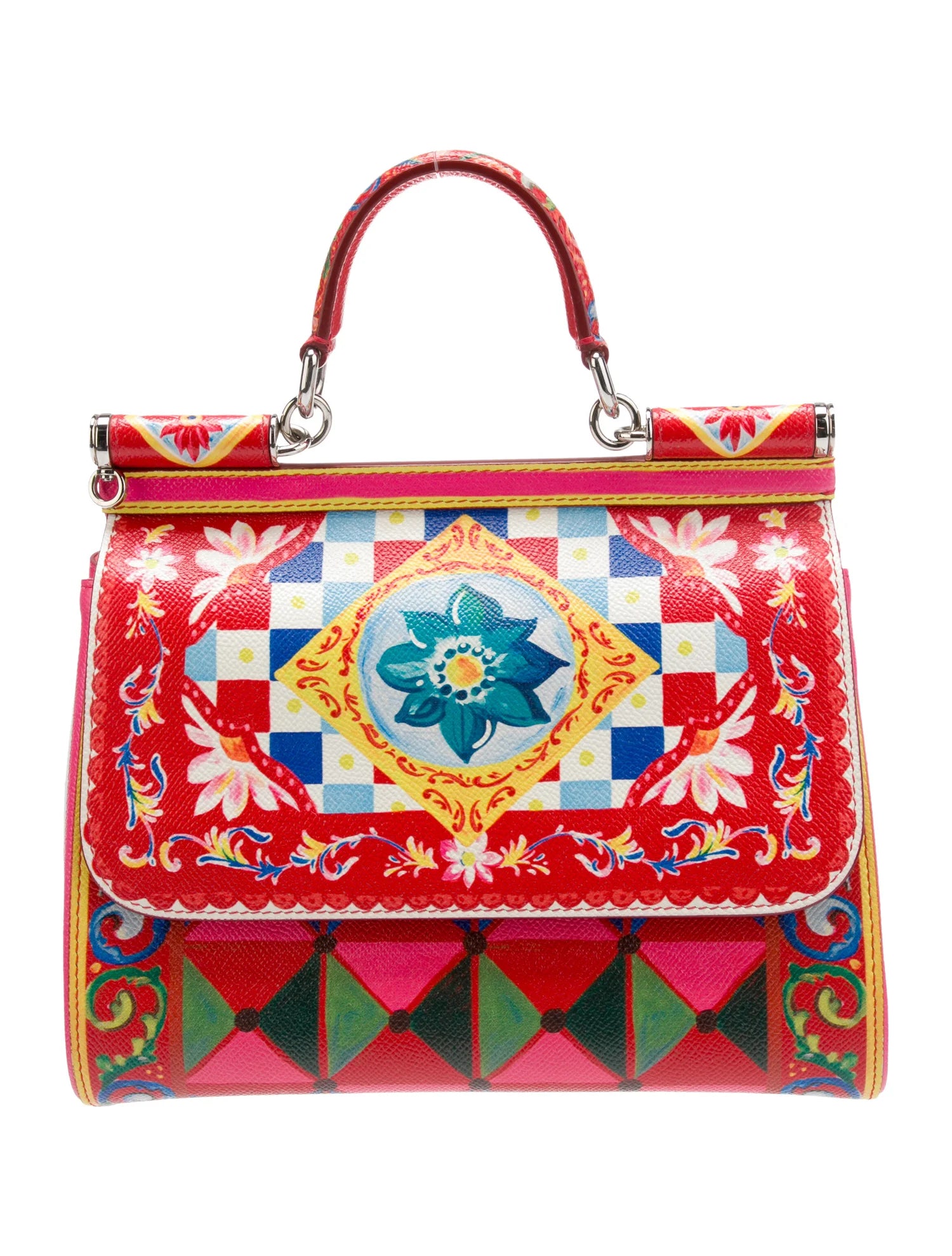 DOLCE & GABBANA Mambo Print Miss Sicily Dauphine Leather Top Handle Bag. Pre-owned.