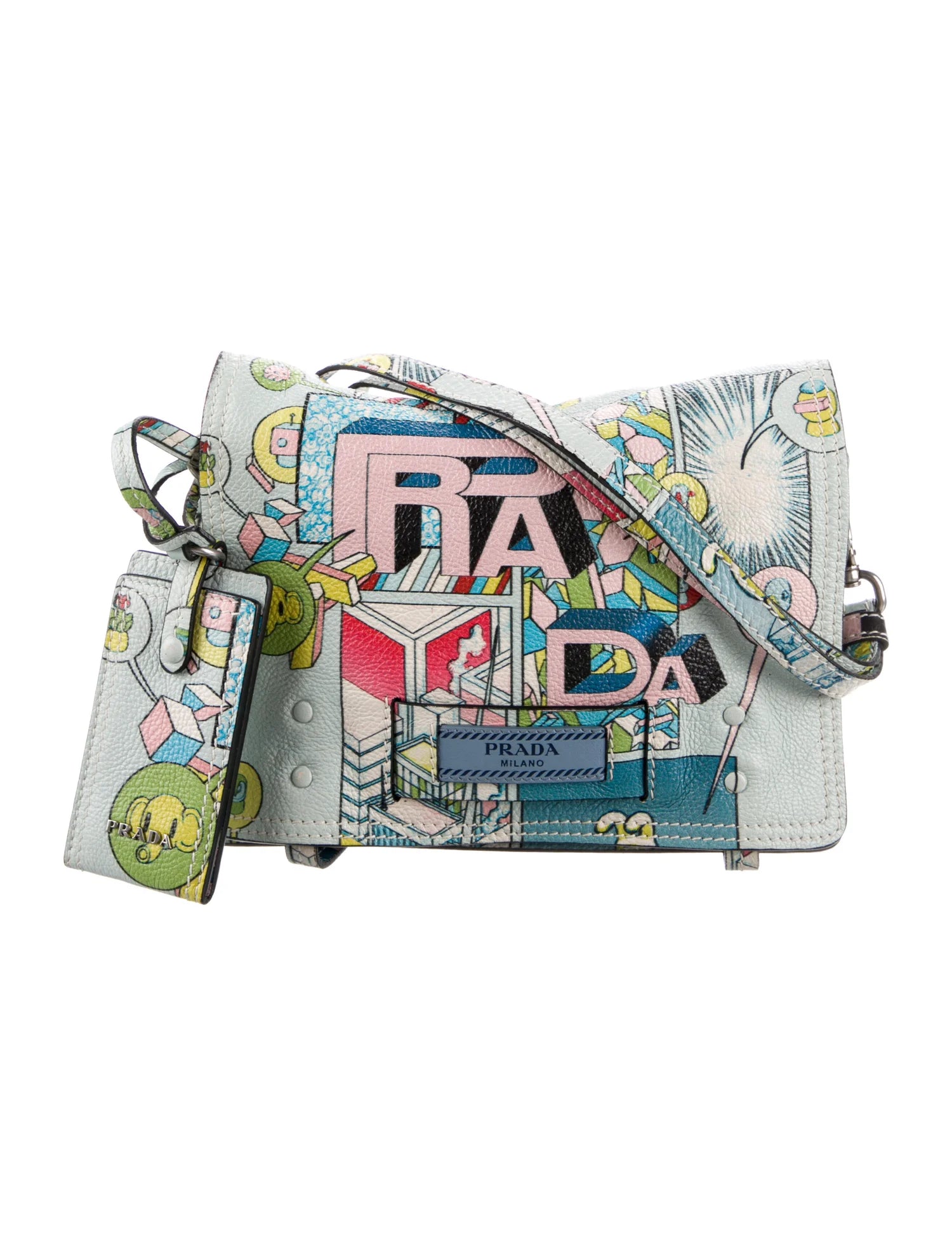 Authentic. Pre-owned. This item is FINAL SALE and is not returnable.   Brand: Prada Material: Blue Glace Calf Leather Design: Prada Crossbody Bag Blue Glace Calf Leather Printed Silver-Tone Hardware Single Adjustable Shoulder Strap Suede Lining & Dual Interior Pockets Flap Closure at Front Includes Dust Bag