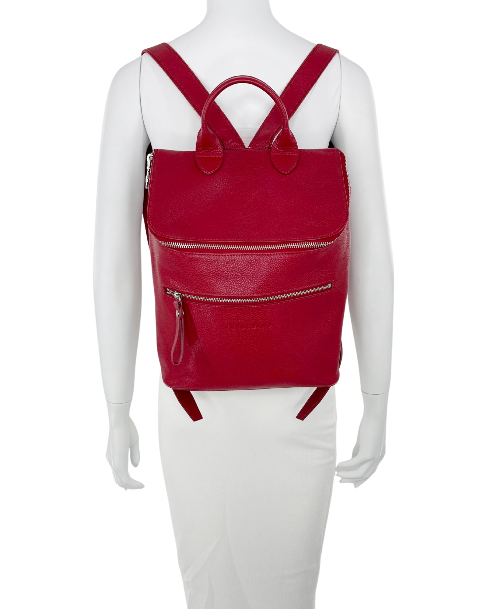 Longchamp Le Foulonne Red Leather Backpack - Medium Size Square Design